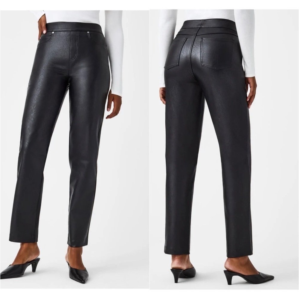 Spanx Faux Vegan Leather Slim Straight Pants in Luxe Black Sz Large NWT